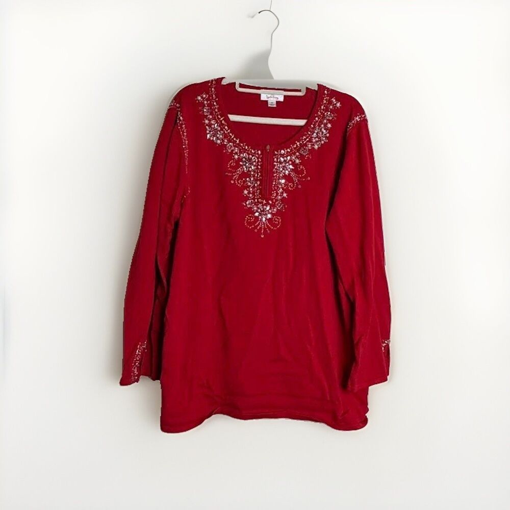 Vintage Quacker Factory Womens 1X Red Knit Beaded Sweater 1/4 Zip Collar Holiday